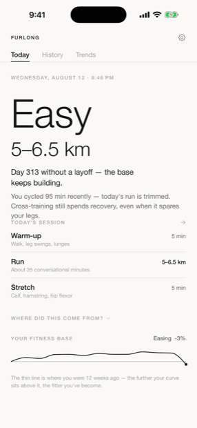 Furlong showing today's recommendation of 8 km with suggested time, pace and heart rate.